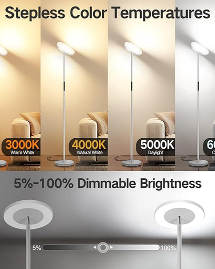 OUTON LED Torchiere Floor Lamp, Super Bright Dimmable Tall Standing Lamp with Remote Touch Control, 4 Color Temperatures, 1-Hour Timer for Living Room, Bedroom, Office (Light Grey) - LeafyLoom