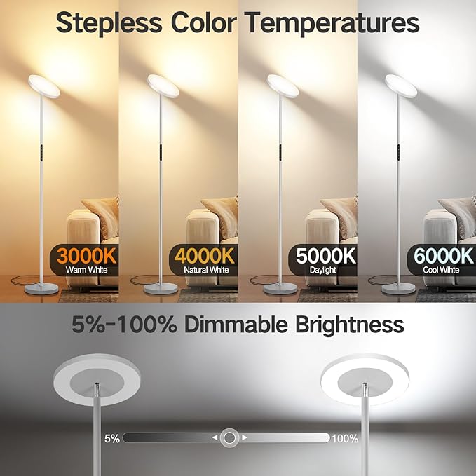 OUTON LED Torchiere Floor Lamp, Super Bright Dimmable Tall Standing Lamp with Remote Touch Control, 4 Color Temperatures, 1-Hour Timer for Living Room, Bedroom, Office (Light Grey) - LeafyLoom