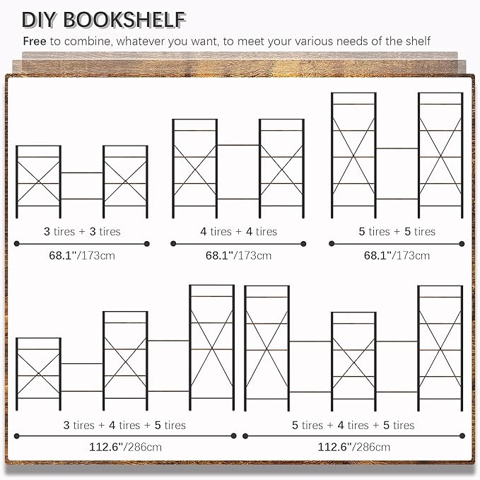 4NM Bookshelf 5 Tier Industrial Bookcase Home Office Adjustable Bookshelves Storage Shelves Organizer Vintage Book Shelf Display Rack for Living Room, Bedroom,Home- Rustic Brown - LeafyLoom