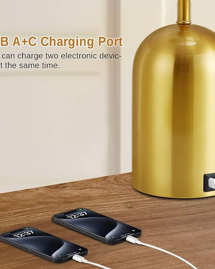 Set of 2 Table Lamps with USB C+A Ports, Touch Control Lamps for Bedside and Nightstand in Bedroom, 3-Way Dimmable Modern Lamp for Desk, Living Room, Office, LED Bulbs Included(Gold & Gray) - LeafyLoom
