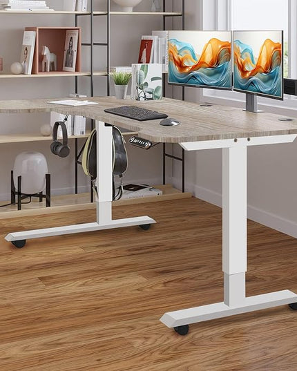 Adjustable Height L-Shaped Electric 59 Inch Sit-Stand Computer Desk with 3 Splice Boards, Lockable Casters-Ideal for Home Office, 59Inch, Oak - LeafyLoom