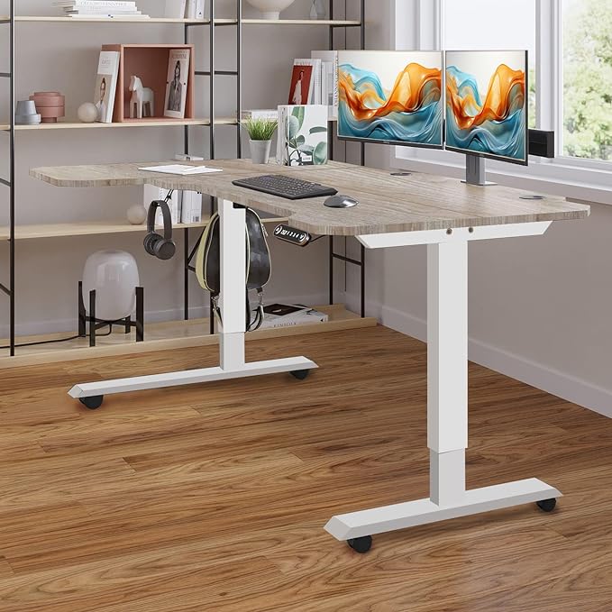 Adjustable Height L-Shaped Electric 59 Inch Sit-Stand Computer Desk with 3 Splice Boards, Lockable Casters-Ideal for Home Office, 59Inch, Oak - LeafyLoom