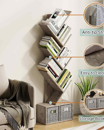 Vagusicc 6 Tier Tree Bookshelf - Retro Shelf Floor Standing Bookcase with Baskets, Tall Wood Book Storage Rack for Books/CDs, Tree Utility Book Organizer Shelves for Living Room, Home Office, Bedroom - LeafyLoom