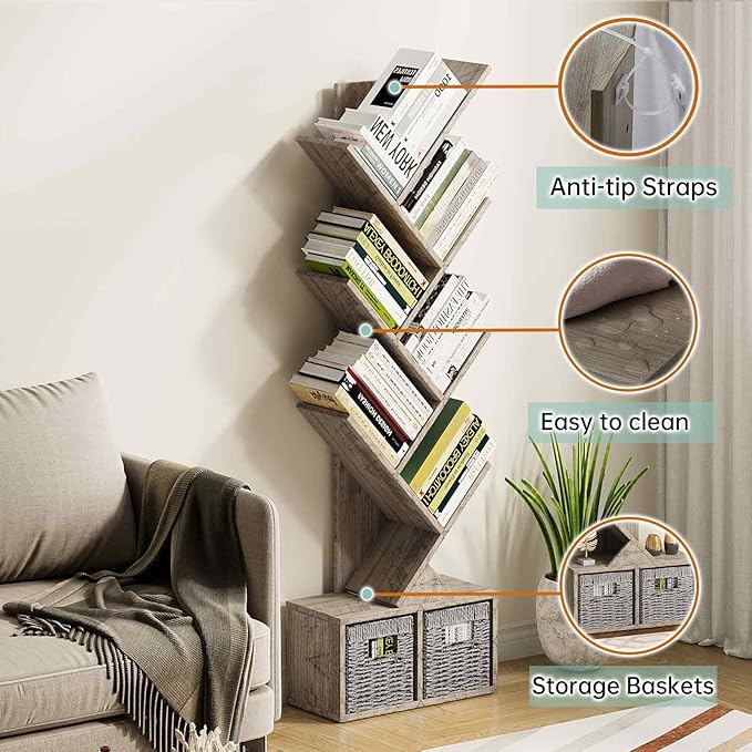 Vagusicc 6 Tier Tree Bookshelf - Retro Shelf Floor Standing Bookcase with Baskets, Tall Wood Book Storage Rack for Books/CDs, Tree Utility Book Organizer Shelves for Living Room, Home Office, Bedroom - LeafyLoom