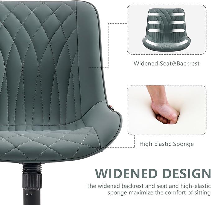 YOUNIKE Office Chair with Wheels Armless Desk Chair Swivel Rolling Task Chair with Back Upholstered Faux Leather Modern Computer Chair Height Adjustable, Greyish Green - LeafyLoom