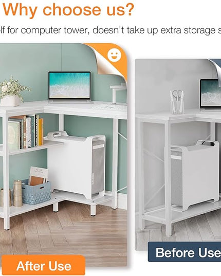 ODK 58 Inch L Shaped Computer Desk with Reversible Storage Shelves, L-shaped Corner Desk with Monitor Stand for Small Space, Modern Simple Writing Study Table for Home Office Workstation, White - LeafyLoom