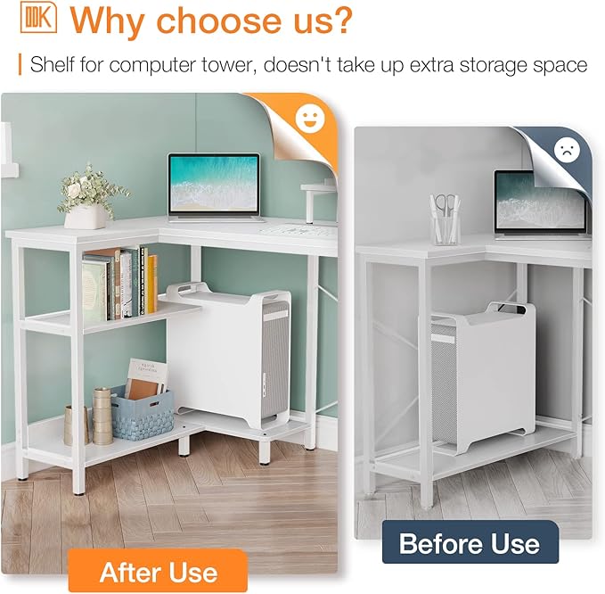 ODK 58 Inch L Shaped Computer Desk with Reversible Storage Shelves, L-shaped Corner Desk with Monitor Stand for Small Space, Modern Simple Writing Study Table for Home Office Workstation, White - LeafyLoom