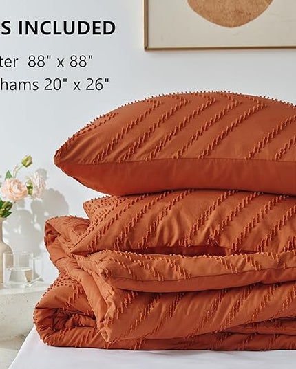 CozyLux Queen Comforter Set Burnt Orange - 3 Pieces Terracotta Boho Tufted Shabby Chic Bedding Comforter Set for All Seasons, Chevron Bedding Sets with Comforter & 2 Pillow Shams - LeafyLoom