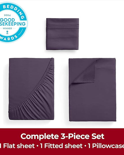 Mellanni Extra Deep Twin Sheets - 3 PC Iconic Collection Bedding Sheets & Pillowcases - Hotel Luxury, Ultra Soft, Cooling Bed Sheets - Extra Deep Pocket up to 21 inch (Twin, Purple) - LeafyLoom