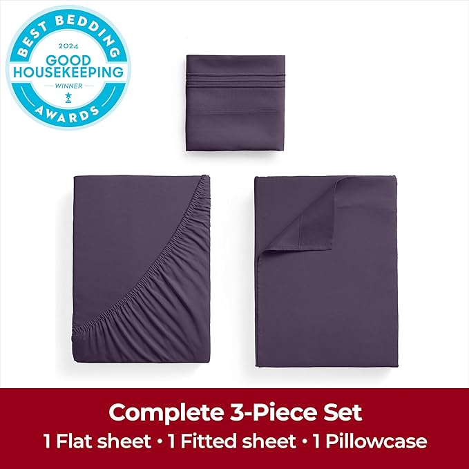 Mellanni Extra Deep Twin Sheets - 3 PC Iconic Collection Bedding Sheets & Pillowcases - Hotel Luxury, Ultra Soft, Cooling Bed Sheets - Extra Deep Pocket up to 21 inch (Twin, Purple) - LeafyLoom