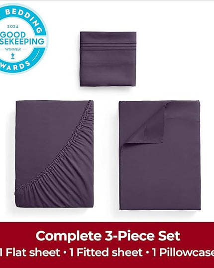 Mellanni Twin XL Sheets Set - 3 PC Iconic Collection Bedding Sheets & Pillowcases - Hotel Luxury, Extra Soft, Cooling Bed Sheets - Deep Pocket up to 16 inch (Twin Extra Long, Purple) - LeafyLoom