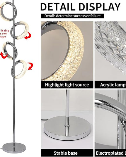 Ganeed LED Floor Lamp for Bedroom,4 Rings 40W Modern Dimmable Standing Lamp,61 in Tall Reading Light Corner Lamp with Remote Control for Living Room Office (3000-6500K/Chrome) - LeafyLoom