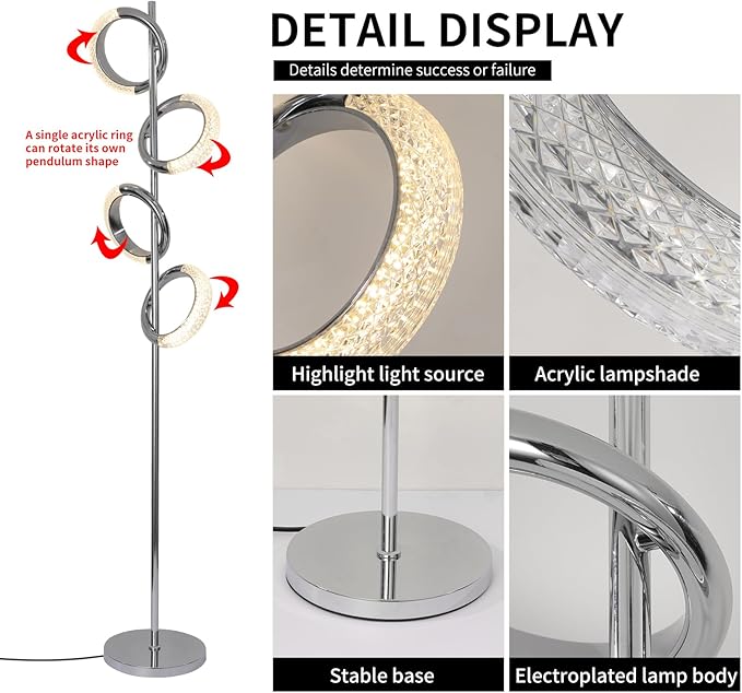 Ganeed LED Floor Lamp for Bedroom,4 Rings 40W Modern Dimmable Standing Lamp,61 in Tall Reading Light Corner Lamp with Remote Control for Living Room Office (3000-6500K/Chrome) - LeafyLoom
