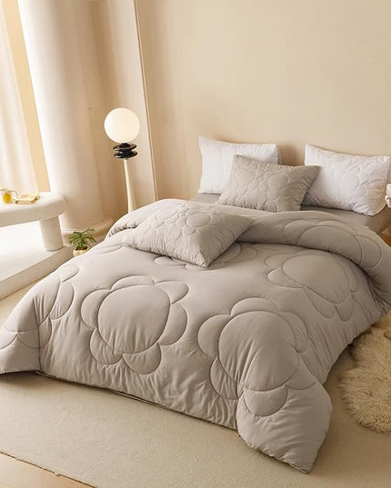 Khaki Flower Comforter Full Light Champagne Sunflower Print Bed Full Comforter 3 PCs Champagne Floral Comforter Set for Boys Girls Teens Bedroom Decor All Season Hotel Quality Comforter - LeafyLoom