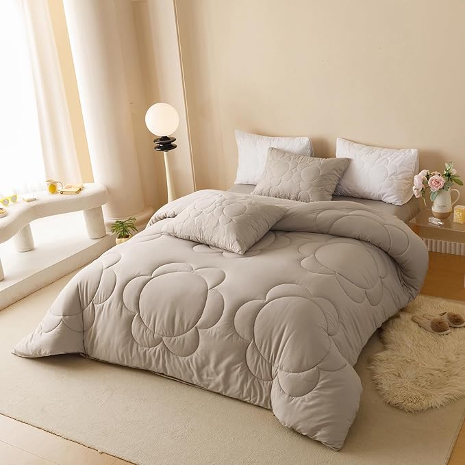 Khaki Flower Comforter Full Light Champagne Sunflower Print Bed Full Comforter 3 PCs Champagne Floral Comforter Set for Boys Girls Teens Bedroom Decor All Season Hotel Quality Comforter - LeafyLoom