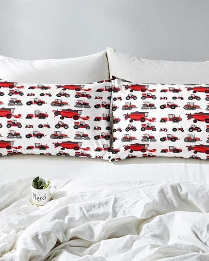 Erosebridal Red Tractor Comforter Set Twin Size Heavy Equipment Truck Down Comforter Kids Boys Girls Teens Harvester Tractor Bedding Set Construction Excavator Farm Equipment Quilt Set - LeafyLoom