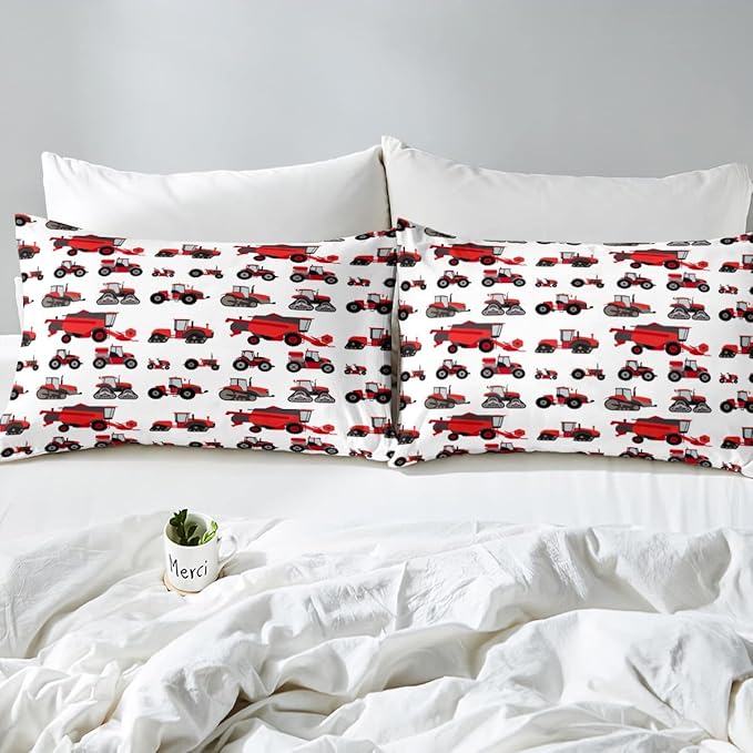 Erosebridal Red Tractor Comforter Set Full Size Heavy Equipment Truck Down Comforter Kids Boys Girls Teens Harvester Tractor Bedding Set Construction Excavator Farm Equipment Quilt Set - LeafyLoom