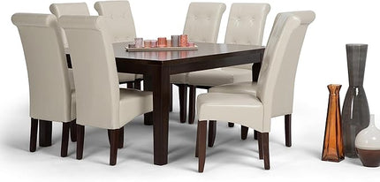 SIMPLIHOME Cosmopolitan Transitional 9 Pc Dining Set with 8 Upholstered Dining Chairs in Satin Cream Vegan Faux Leather and 54 Inch Wide Table, For the Dining Room and Kitchen - LeafyLoom