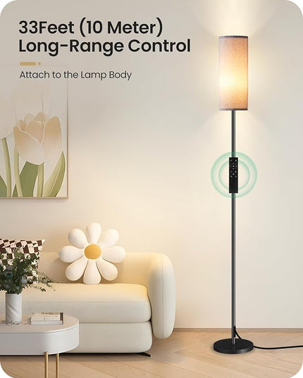 Dimmable Floor Lamp for Living Room, Corner Floor Lamp with Remote, 66'' Standing Tall Lamp, Linen Lampshade, 10W 800LM LED Bulb for Bedroom Study, FCC Listed, Black and Gray H06LD05 - LeafyLoom