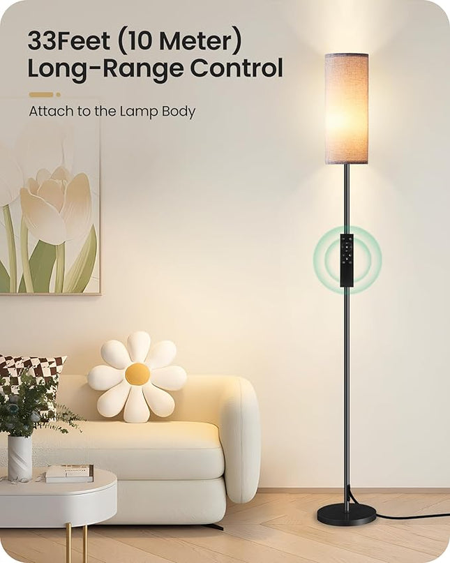 Dimmable Floor Lamp for Living Room, Corner Floor Lamp with Remote, 66'' Standing Tall Lamp, Linen Lampshade, 10W 800LM LED Bulb for Bedroom Study, FCC Listed, Black and Gray H06LD05 - LeafyLoom