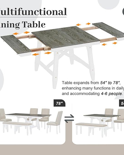 78Inch Dining Table Set for 6, Rectangular Extendable Dining Table with two 12" W Removable Leaves and 4 Upholstered Chairs & 1 Bench for Dining Room, Brown+White - LeafyLoom