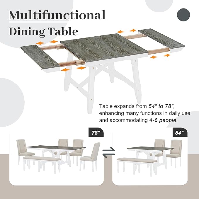 78Inch Dining Table Set for 6, Rectangular Extendable Dining Table with two 12" W Removable Leaves and 4 Upholstered Chairs & 1 Bench for Dining Room, Brown+White - LeafyLoom