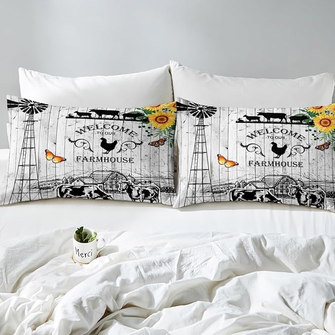 Rustic Western Comforter Set, Western Cow Bull Bedding Queen For Boys Teens Youth, Tribal Windmill Farmhouse Southwestern Bedding Comforter Sets for Women Men, Woodland Animals Quilt, 2 Pillowcases - LeafyLoom