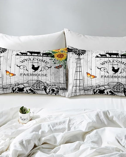 Rustic Windmill Bedding Comforter Sets Cowboys Farmhouse Comforter Set Twin Size, Western Farm Barn Door Bedding for Girls Boys Teens Sunflower Floral Western Cow Theme Quilt with 1 Pillowcase, Twin - LeafyLoom