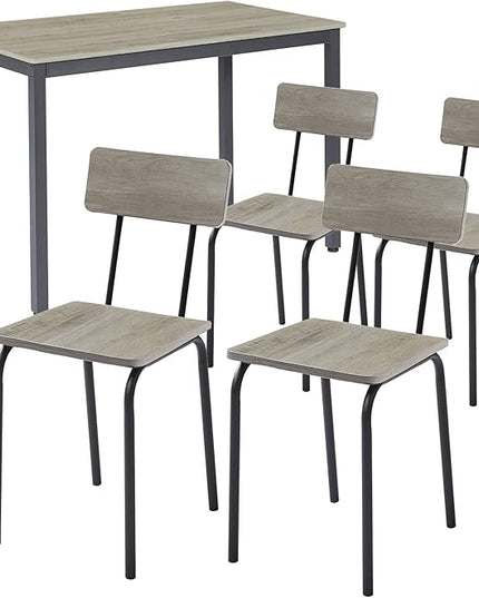 Dining Table Set for 4, 5-Piece Set Industrial Metal Wood 43.3" Kitchen Dining Table with 4 Dining Chairs, Indoor Modern Furniture Set for Dining Room, Dinette, Breakfast Nook, Grey - LeafyLoom