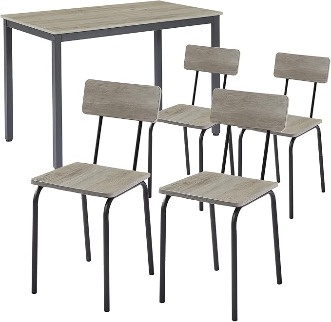 Dining Table Set for 4, 5-Piece Set Industrial Metal Wood 43.3" Kitchen Dining Table with 4 Dining Chairs, Indoor Modern Furniture Set for Dining Room, Dinette, Breakfast Nook, Grey - LeafyLoom