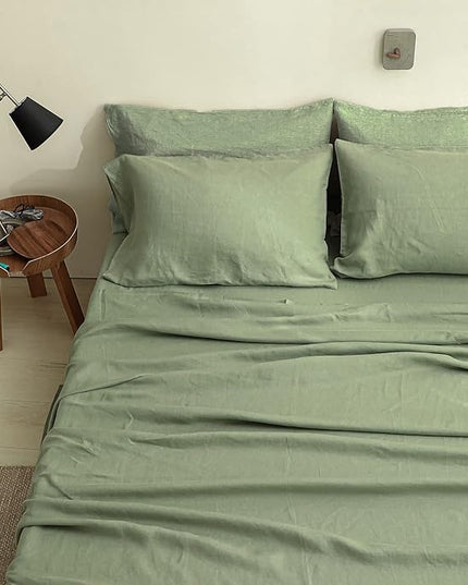 Simple&Opulence 100% Linen Sheet Set Solid Color- 6 Pcs Washed French Flax Bed Sheets (1 Flat Sheet, 1 Fitted Sheet, 4 Pillowcases) - Breathable Home Collection (Basic Sage Green, Queen) - LeafyLoom
