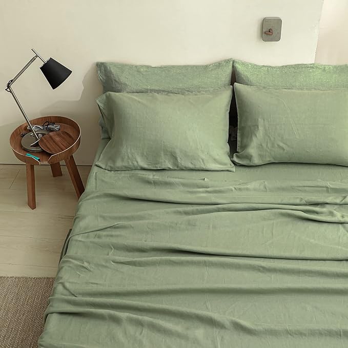 Simple&Opulence 100% Linen Sheet Set Solid Color- 6 Pcs Washed French Flax Bed Sheets (1 Flat Sheet, 1 Fitted Sheet, 4 Pillowcases) - Breathable Home Collection (Basic Sage Green, Queen) - LeafyLoom