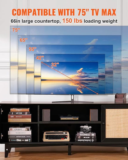 VEVOR Rattan TV Stand for 75in TV, Boho TV Stand with Rattan Door, Entertainment Center with Build-in Socket, Storage Cabinet with 2 Shelves, Modern TV Console for Living Room, Media Room, Black - LeafyLoom