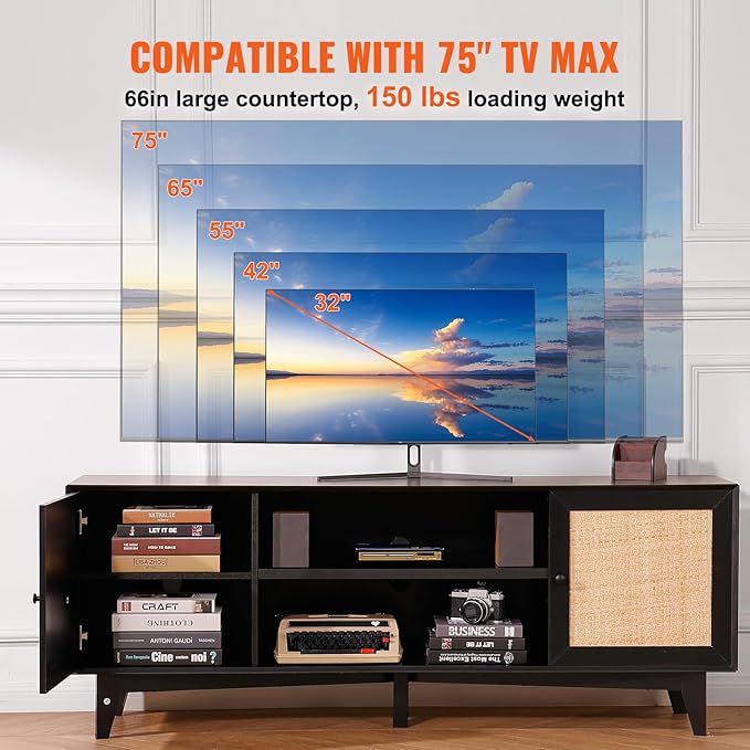 VEVOR Rattan TV Stand for 75in TV, Boho TV Stand with Rattan Door, Entertainment Center with Build-in Socket, Storage Cabinet with 2 Shelves, Modern TV Console for Living Room, Media Room, Black - LeafyLoom