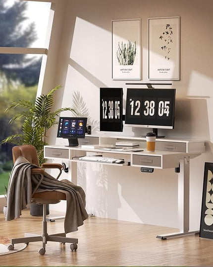 Electric Standing Desk, Multifunctional Standing Desk Adjustable Height, 55 * 24 Standing Desk with 4 Drawers, Ergonomic Adjustable Standing Desk with Keyboard Tray, Snow White - LeafyLoom