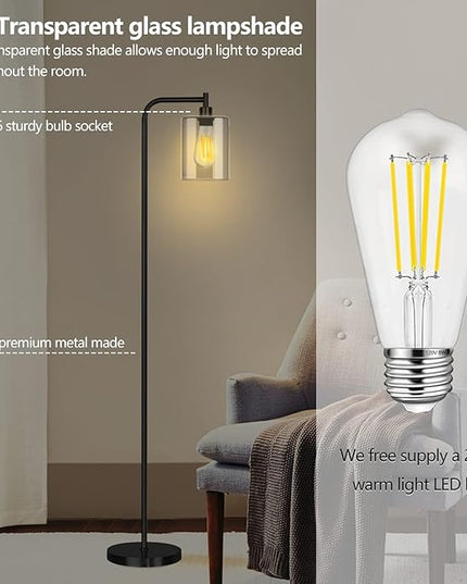 QiMH Industrial Floor Lamp for Living Room, Modern Standing Lamp with HD Glass Lampshade and Pedal Switch, 67” Tall Pole Light for Bedroom Study Room, Black (2700K LED Bulb Included) - LeafyLoom