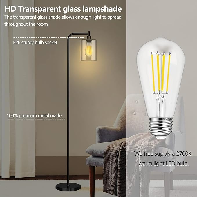 QiMH Industrial Floor Lamp for Living Room, Modern Standing Lamp with HD Glass Lampshade and Pedal Switch, 67” Tall Pole Light for Bedroom Study Room, Black (2700K LED Bulb Included) - LeafyLoom