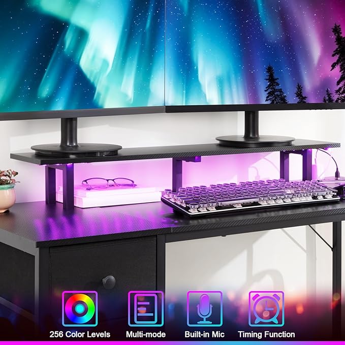 Computer Desk with LED Light & Power Outlets, 47 Inch Gaming Desk with 4 Fabric Drawers, Carbon Fiber Surface Home Office Desk with Monitor Stand with Hooks for Bedroom, HGD12CBK - LeafyLoom