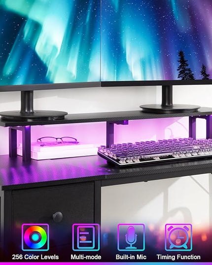 Computer Desk with LED Light & Power Outlets, 55 Inch Gaming Desk with 4 Fabric Drawers, Carbon Fiber Surface Home Office Desk with Monitor Stand with Hooks for Bedroom, HGD14CBK - LeafyLoom