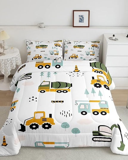 Feelyou Excavator Kids Comforter Construction Trucks Comforter Set for Boys Teens Heavy Vehicles Decor Bedding Set Cartoon Cars Green Orange Quilt Set with 2 Pillowcases 3Pcs Bedding King - LeafyLoom