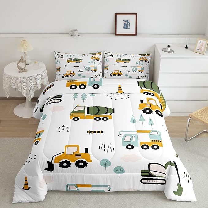 Feelyou Excavator Kids Comforter Construction Trucks Comforter Set for Boys Teens Heavy Vehicles Decor Bedding Set Cartoon Cars Green Orange Quilt Set with 2 Pillowcases 3Pcs Bedding King - LeafyLoom