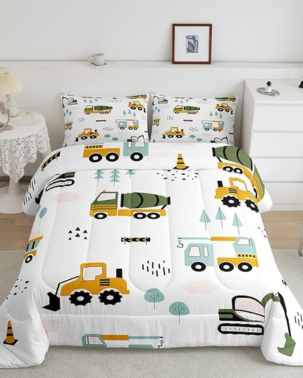 Feelyou Excavator Kids Comforter Construction Trucks Comforter Set for Boys Teens Heavy Vehicles Decor Bedding Set Cartoon Cars Green Orange Quilt Set with 1 Pillowcase 2Pcs Bedding Twin - LeafyLoom