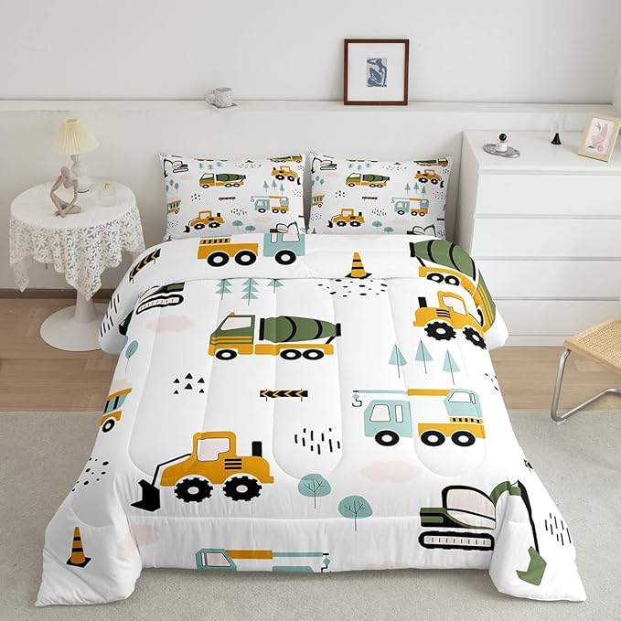 Feelyou Excavator Kids Comforter Construction Trucks Comforter Set for Boys Teens Heavy Vehicles Decor Bedding Set Cartoon Cars Green Orange Quilt Set with 1 Pillowcase 2Pcs Bedding Twin - LeafyLoom