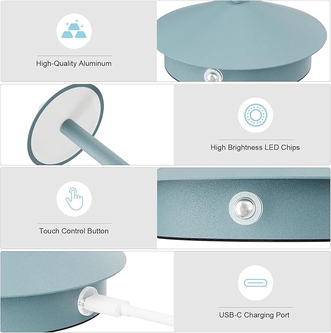 2-Pack 6000mAh Rechargeable LED Table Lamps,Outdoor Cordless Table Lamp Waterproof Portable, 3-Color Stepless Dimmable Modern Lamp for Restaurant/Bedroom(Blue) - LeafyLoom
