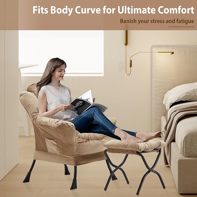 Lazy Chair with Folding Ottoman, Accent Chair Velvet Upholstered with Metal Structure and Non-Slip Pads, Sofa Armchair with Footrest and Side Storage Bag for Dorm, Room, Office, Khaki - LeafyLoom
