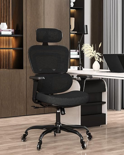 Ergonomic Office Chair - Mesh Office Chair High Back, Rolling Desk Chair, Executive Swivel Chair, Computer Chair with 3D Adjustable Armrest, 3D Lumbar Support, Blade Wheels, Adjustable Headrest - LeafyLoom