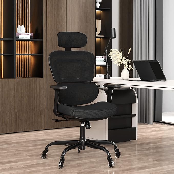 Ergonomic Office Chair - Mesh Office Chair High Back, Rolling Desk Chair, Executive Swivel Chair, Computer Chair with 3D Adjustable Armrest, 3D Lumbar Support, Blade Wheels, Adjustable Headrest - LeafyLoom
