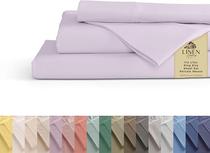 100% Cotton Percale Sheets California King Size, Iris Lilac, Deep Pocket, 4 Pieces Sheet Set - 1 Flat, 1 Deep Pocket Fitted Sheet and 2 Pillowcases, Crisp Cool and Strong Bed Linen - LeafyLoom