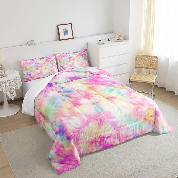 Erosebridal Kids Tie Dye Comforter Set, Bohemian Batik Down Comforter Full Size, Boho Psychedelic Bedding Comforters for Children Girls Boys Teens Bedroom, Trippy Tattoo Watercolor Quilted Duvet - LeafyLoom