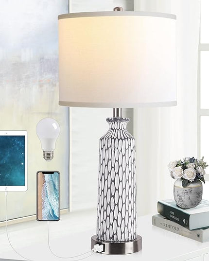 QiMH Table Lamp for Living Room with Touch Control,3-Way Dimmable Bedside Lamps for Bedroom with USB Ports, Modern Farmhouse Coastal Whitewash Gray Resin Nightstand Lamp(2700K LED Bulbs Included) - LeafyLoom